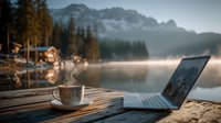 Remote work setup with laptop and coffee cup on wooden dock overlooking misty mountain lake at sunrise creating peaceful outdoor office atmosphere.