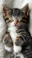 Adorable tabby kitten sleeping peacefully on soft white towel with eyes closed and paws folded, perfect for pet care and animal welfare campaigns.