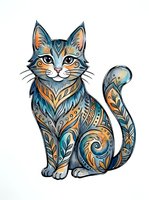 Decorative cat with ornamental patterns in blue and gold tones, featuring intricate mandala-style designs. Isolated artwork suitable for t-shirts, prints, and design projects.