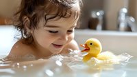 Cheerful toddler playing with yellow rubber duck during bath time, creating splashes in water. Joyful childhood moment with classic bath toy.