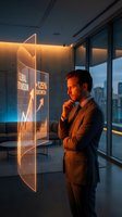 Thoughtful businessman analyzing holographic financial data display showing growth charts in modern office with city skyline view at dusk.