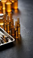 Medical amber glass ampoules with syringes on dark surface for pharmaceutical injection treatment and healthcare applications.