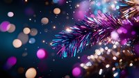Festive pine branch with sparkling bokeh lights in pink and blue tones creating magical holiday atmosphere. Closeup of Christmas tree decoration.