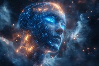 Cosmic digital profile emerging from starry nebula space, glowing with blue energy and golden light particles against dark universe background.