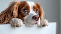 Adorable Cavalier King Charles Spaniel dog with expressive blue eyes resting head on white surface, looking up with hopeful expression and soft brown and white fur.