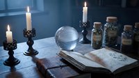 Mystical workspace with lit candles, crystal ball, open spell book, and potion bottles arranged on wooden table for witchcraft, divination, and occult rituals.