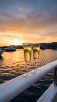 Two champagne flutes filled with sparkling wine on yacht railing at sunset over marina with boats and mountains creating romantic luxury vacation atmosphere.