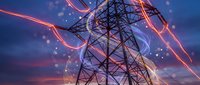 High voltage electrical transmission tower with glowing energy streams and lightning effects against dramatic twilight sky for power grid concepts.