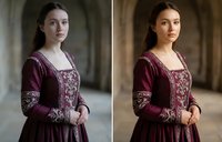 Young woman in burgundy medieval Renaissance dress with ornate embroidery standing in stone castle corridor. Historical costume portrait for period drama productions.