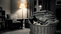 Young female cat resting in wicker laundry basket filled with folded gray blankets and textiles in cozy home interior with armchair and floor lamp.