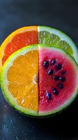 Fresh citrus and watermelon slices arranged in colorful quarters showing juicy texture and seeds on dark background, macro food photography for healthy eating concepts.