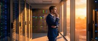 Professional businessman in suit standing thoughtfully in modern data center server room with glowing equipment and warm lighting for technology concepts.