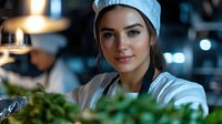 Young female chef in professional kitchen preparing fresh herbs with focused expression wearing white uniform and hair net in modern restaurant setting.