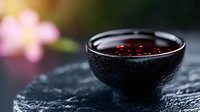 Dark ceramic bowl with red wine or cocktail on black stone surface, droplets of condensation creating moody atmosphere against blurred pink background.