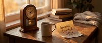 Vintage wooden desk with antique clock, coffee mug, and handwritten special limited offer note in warm golden light by window.