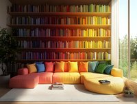 Modern living room with rainbow-colored bookshelf and matching sectional sofa cushions. Large window brings natural light to contemporary interior with color-coordinated design.
