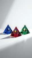 Colorful glass pyramid prisms creating rainbow light reflections on white surface for optical physics education and decorative design concepts.