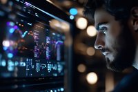 Young male professional analyzing financial data on digital screen with glowing charts and graphs in dark office environment with bokeh lights.