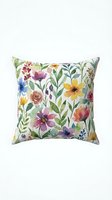 Watercolor floral pillow cover featuring vibrant blooms and botanical leaves in pink, yellow, purple, and blue tones on cream background. Home decor accent.