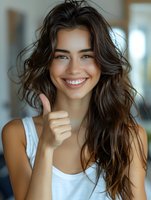 Young Mediterranean woman with long dark wavy hair wearing white tank top shows thumbs up gesture while smiling genuinely at camera. Natural makeup and casual style.