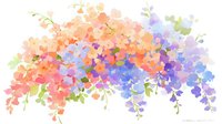 Delicate watercolor floral composition with coral pink and purple flowers cascading in gentle arrangement with green foliage on white background.