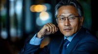 Mature Asian male professional wearing glasses and dark blue business suit with light blue shirt, posed thoughtfully with hand near face against blurred urban evening background, suitable for corporate, leadership, and business portraits.