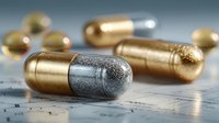 Golden capsules with silver caps scattered on medical documents for pharmaceutical research and healthcare treatment applications.