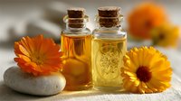 Natural calendula essential oil bottles with cork stoppers surrounded by fresh orange marigold flowers and smooth spa stones for aromatherapy wellness treatments.
