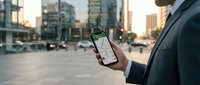 Professional businessman using smartphone with GPS navigation app in urban city street during evening commute for transportation and travel planning.