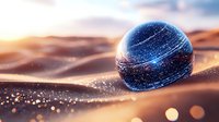 Glowing cosmic sphere with starry pattern rests on desert sand dunes at sunset, creating magical atmosphere with scattered light particles and bokeh effects.