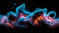 Vibrant cosmic nebula with glowing blue and pink energy waves against starry black space background, featuring dynamic swirls and ethereal cloud formations.