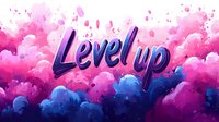 Vibrant level up text against explosive pink and blue cloud background with dynamic paint splash effect, modern gaming typography design for social media and streaming.