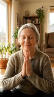 Senior Caucasian woman practicing meditation with prayer hands gesture in cozy living room with plants and natural light for wellness and mindfulness.