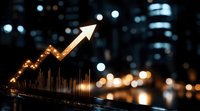 Glowing upward arrow chart with financial data visualization against blurred city lights background at night, representing growth and market success.