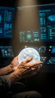 Mature male hands holding glowing digital sphere with holographic data visualization, futuristic technology interface background with blue and green screens, representing innovation, artificial intelligence, and digital transformation in modern workplace.
