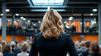 Female business leader with blonde wavy hair standing in front of audience at corporate conference or seminar. View from behind shows professional attire and engaged listeners.