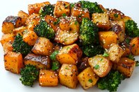 Roasted butternut squash cubes and fresh broccoli florets seasoned with herbs and spices on white plate, close up view of healthy vegetarian dinner dish.