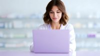 Young female medical professional in white coat working on purple laptop at pharmacy counter with blurred medicine shelves background. Suitable for healthcare marketing.