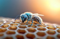 Metallic blue bee with golden stripes walking on honeycomb cells filled with golden honey, backlit by warm sunlight, showcasing pollinator and apiary themes.