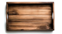 Rustic wooden serving tray with raised edges and handles on white background, top view. Empty vintage style wooden board for food presentation and decoration.