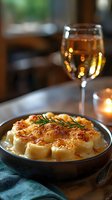 Creamy mac and cheese topped with crispy breadcrumbs and fresh rosemary in rustic bowl, served with white wine. Romantic dinner setting with soft bokeh lights.