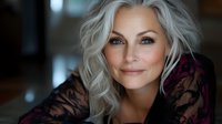Confident mature woman with silver gray hair and natural makeup wearing black lace top, smiling at camera. Professional portrait with soft lighting and blurred background.