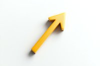 Yellow diagonal arrow pointing upward on white background with soft shadow, minimalist business concept representing growth, success and positive direction.