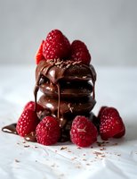 Fresh red raspberries stacked on dark chocolate cookies with melted chocolate drizzle against white background, creating luxurious dessert composition for food photography.
