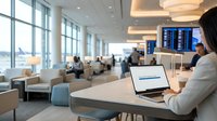 Woman in business casual attire working on laptop in modern airport lounge with flight information display, comfortable seating, and natural light from large windows.