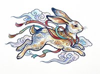 Running rabbit in traditional Asian folk art style with ornate floral patterns and swirling clouds, isolated on transparent background, ready for t-shirt design and print on demand.