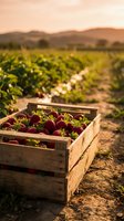 Fresh ripe strawberries in wooden crates at organic farm during golden hour sunset. Agricultural harvest concept for healthy eating and local produce.