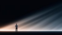 Lone businessman silhouette standing against dramatic stormy sky with light rays breaking through dark clouds creating powerful atmospheric scene.