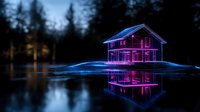 Glowing neon house silhouette with purple and blue lights reflecting on calm water surface against dark forest background, creating mirror effect at night.