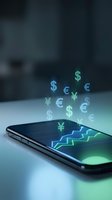 Smartphone displaying financial growth chart with floating currency symbols including dollar, euro and yen for mobile banking and investment apps.